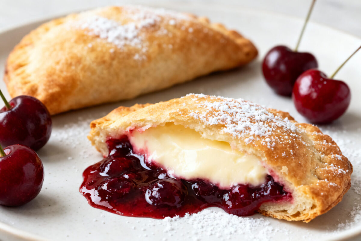 Air fryer cherry cheesecake hot pockets with a flaky golden pastry crust, creamy cheesecake filling, and sweet cherry compote, dusted with powdered sugar and served as a warm dessert.