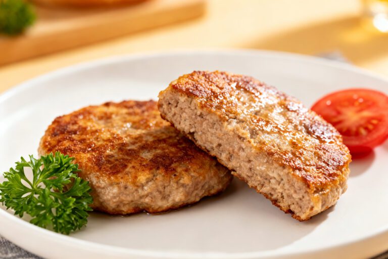Air fryer burger patties with a juicy well seasoned beef interior, golden brown crust, and tender texture, served on a plate with fresh parsley and sliced tomato.
