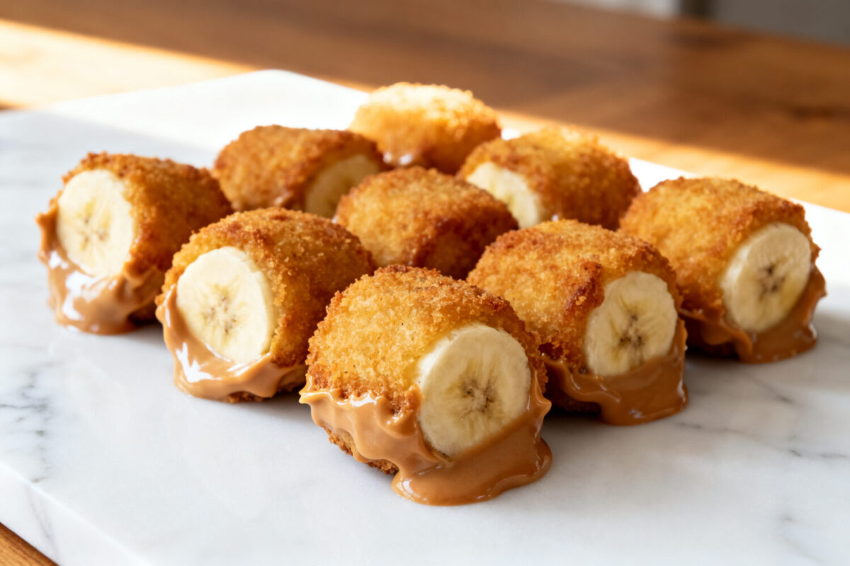 Air fryer banana peanut butter bites with banana slices coated in a crispy golden crumb topping and creamy peanut butter, served as a crunchy sweet snack or dessert.
