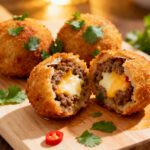 Air fryer armadillo eggs with a crispy golden coating, seasoned sausage layer, melted cheese filling, and jalapeño center, served as a savory bacon wrapped appetizer.