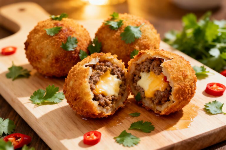 Air fryer armadillo eggs with a crispy golden coating, seasoned sausage layer, melted cheese filling, and jalapeño center, served as a savory bacon wrapped appetizer.