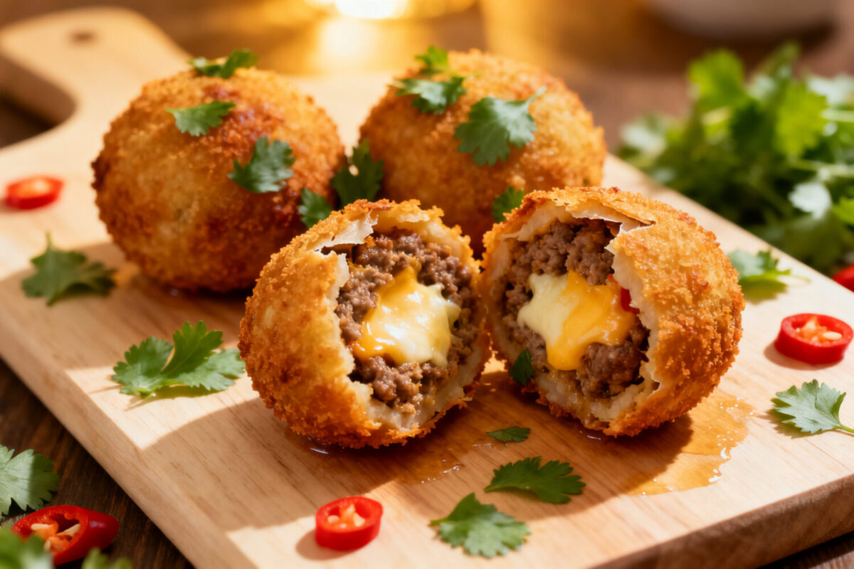 Air fryer armadillo eggs with a crispy golden coating, seasoned sausage layer, melted cheese filling, and jalapeño center, served as a savory bacon wrapped appetizer.