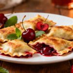 Air fryer cherry pie ravioli with crispy golden pastry pockets filled with sweet cherry pie filling, served with fresh cherries and mint as a fun and easy dessert.