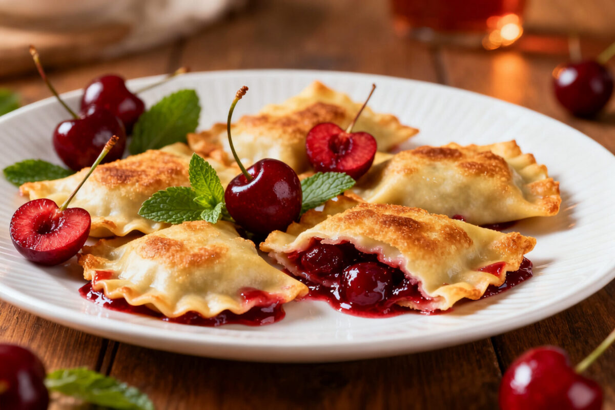 Air fryer cherry pie ravioli with crispy golden pastry pockets filled with sweet cherry pie filling, served with fresh cherries and mint as a fun and easy dessert.
