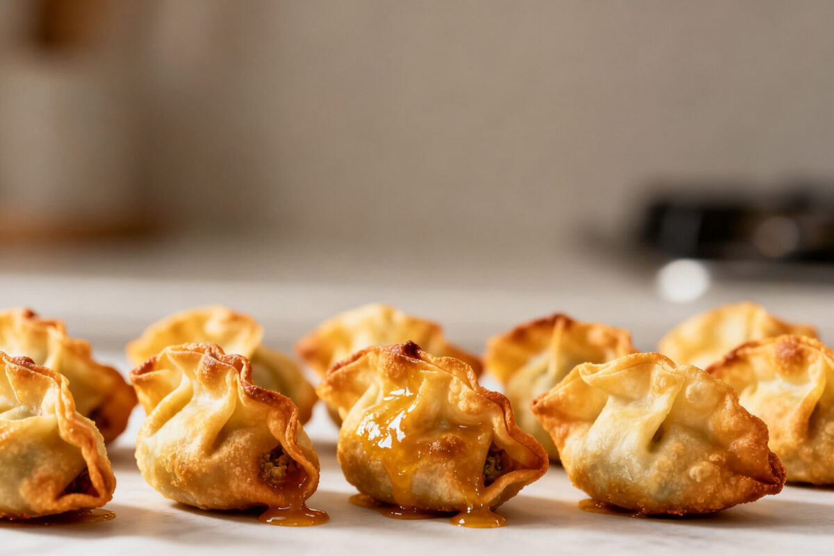 Air fryer mini wontons with crispy golden wrappers and savory filling, cooked until crunchy and lightly browned, served as a crowd pleasing appetizer or snack.