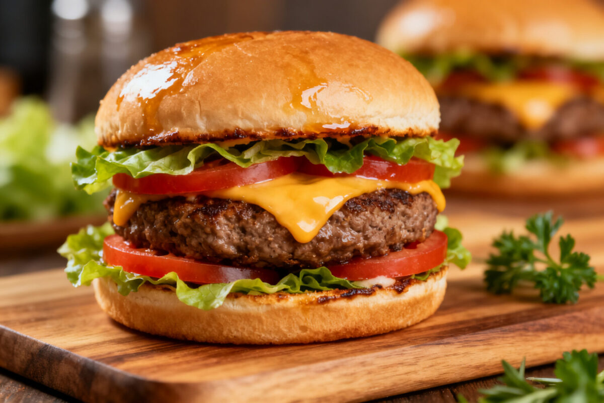 Easy air fryer burger with a juicy beef patty, melted cheddar cheese, fresh lettuce, tomato slices, and a toasted bun, served as a classic comfort food meal.