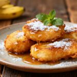 Air fryer banana fritters with a crispy golden exterior, soft banana-filled center, powdered sugar topping, and sweet syrup drizzle, served as a naturally sweet dessert or snack.