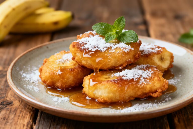Air fryer banana fritters with a crispy golden exterior, soft banana-filled center, powdered sugar topping, and sweet syrup drizzle, served as a naturally sweet dessert or snack.