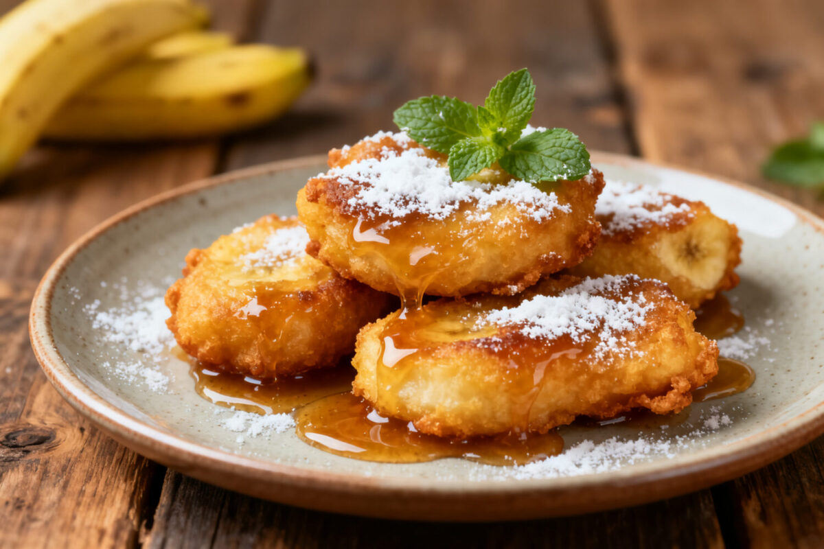 Air fryer banana fritters with a crispy golden exterior, soft banana-filled center, powdered sugar topping, and sweet syrup drizzle, served as a naturally sweet dessert or snack.
