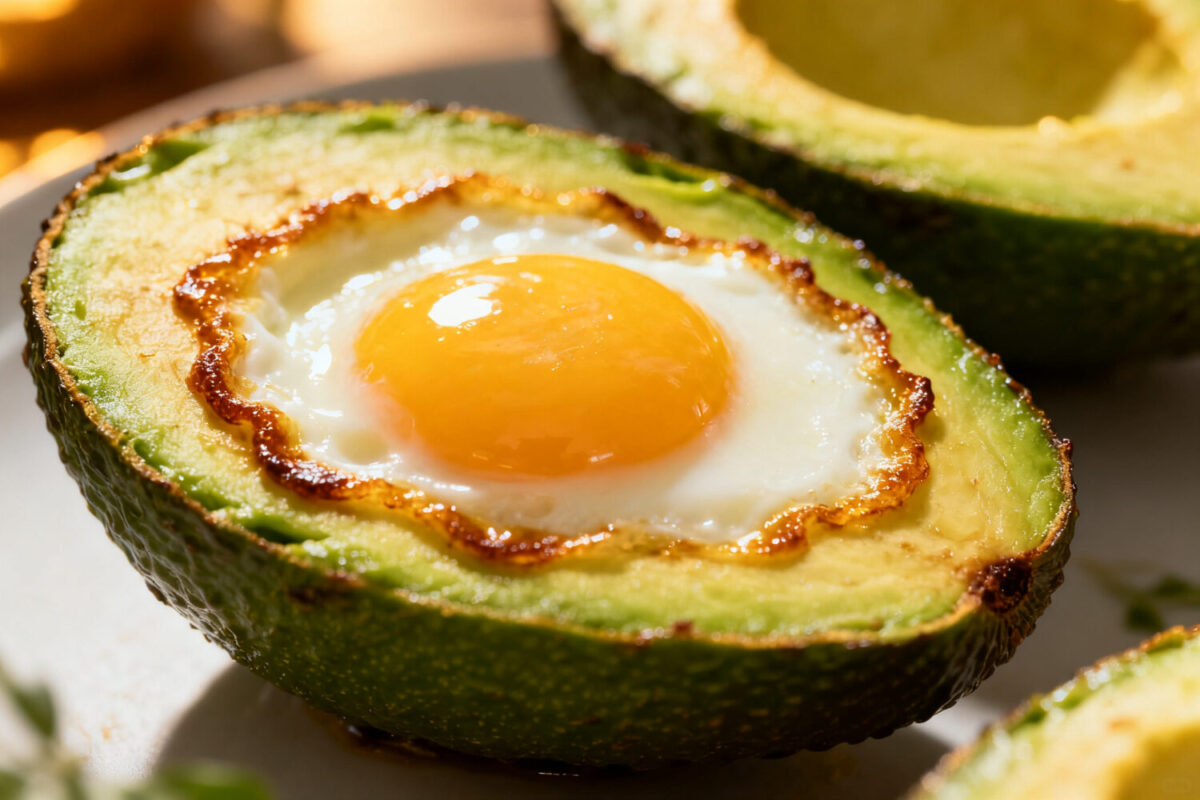 Air fryer egg in avocado with a perfectly cooked sunny egg nestled in a creamy avocado half, featuring lightly roasted edges and a rich satisfying texture for breakfast.