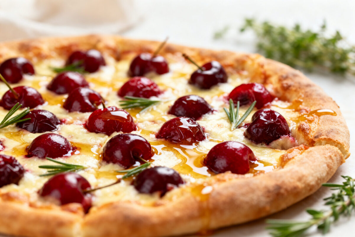 Air fryer cherry pizza with a golden crispy crust, melted cheese, sweet cherries, rosemary sprigs, and a honey drizzle, creating a unique sweet and savory twist on pizza night.