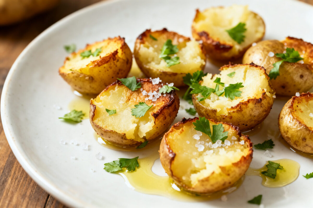 Air fryer smashed mini potatoes with crispy golden edges, fluffy potato centers, flaky sea salt, fresh parsley, and a drizzle of olive oil, served as an easy and flavorful side dish.