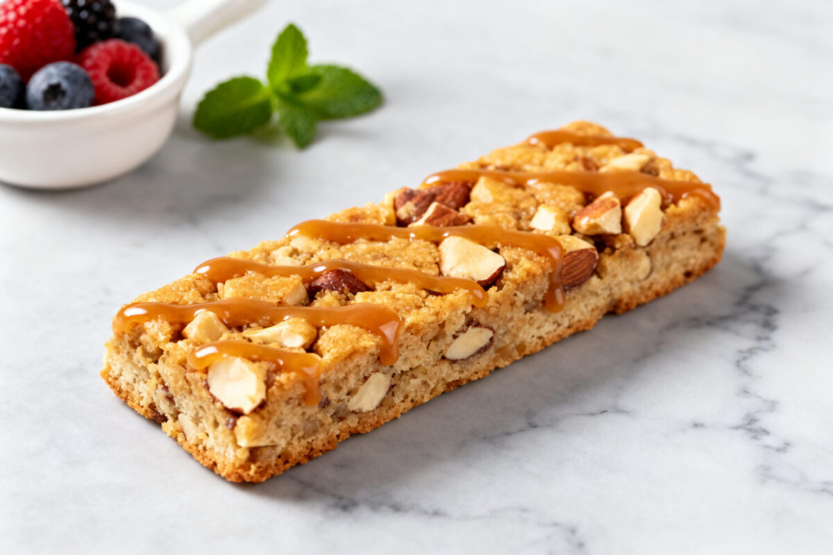 High protein air fryer bars made with oats, nuts, and protein rich ingredients, topped with a creamy drizzle and chopped nuts, served as a filling snack or post workout treat.