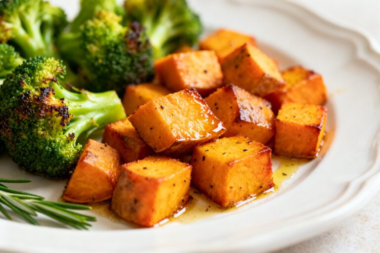 Air fryer broccoli and sweet potatoes with tender roasted broccoli florets and golden sweet potato cubes, lightly seasoned and drizzled with oil, served as a colorful and flavorful side dish.