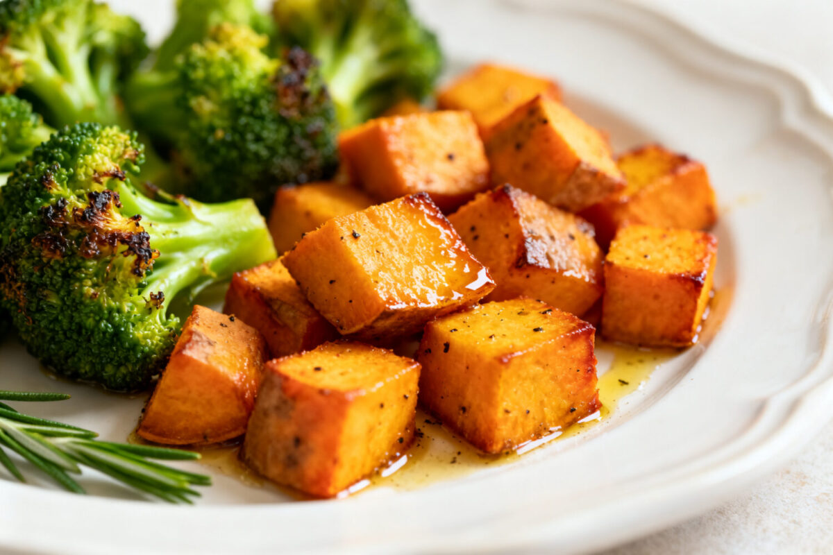 Air fryer broccoli and sweet potatoes with tender roasted broccoli florets and golden sweet potato cubes, lightly seasoned and drizzled with oil, served as a colorful and flavorful side dish.
