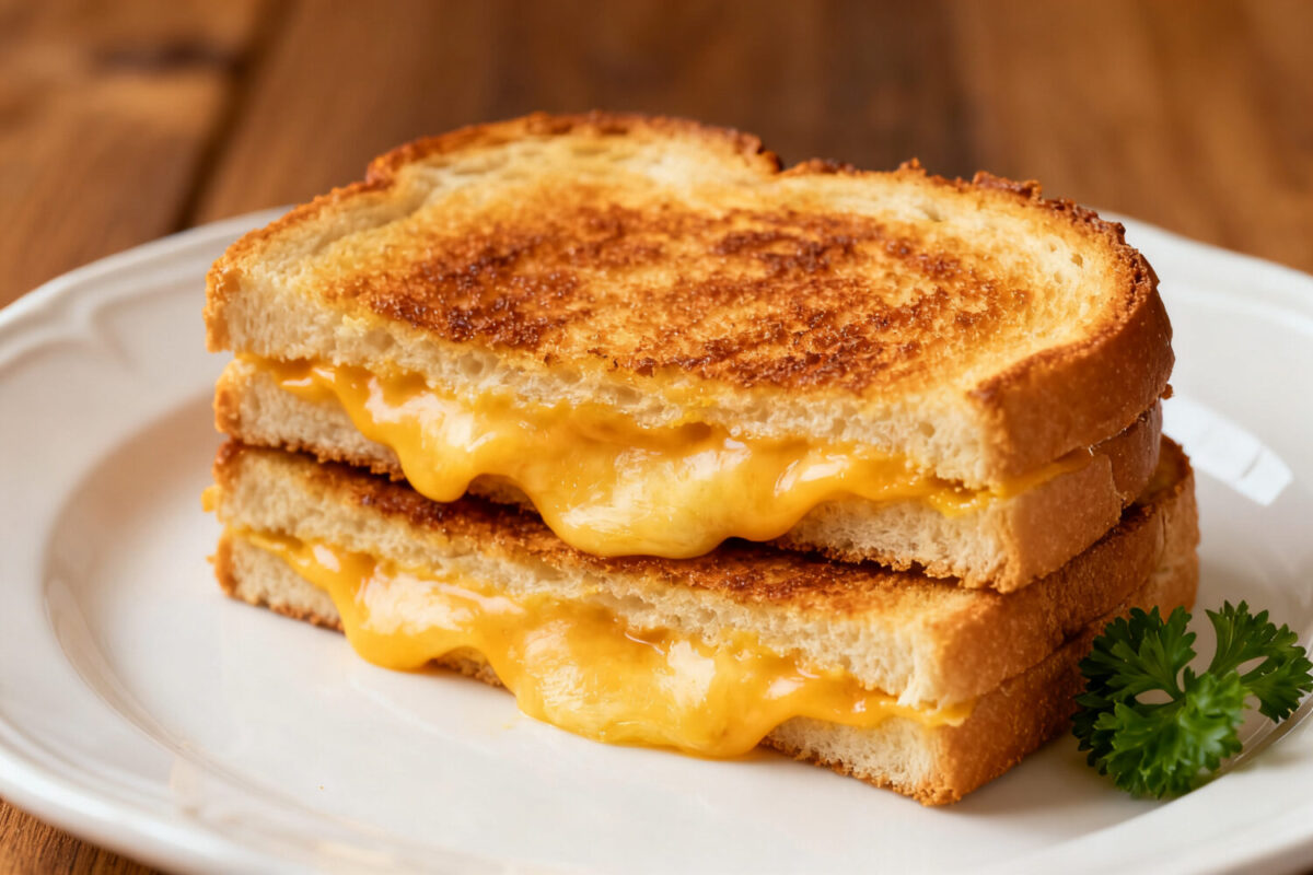 Texas toast grilled cheese in the air fryer with thick golden toasted bread and layers of melted cheddar cheese, served hot with a crispy buttery crust and gooey center.