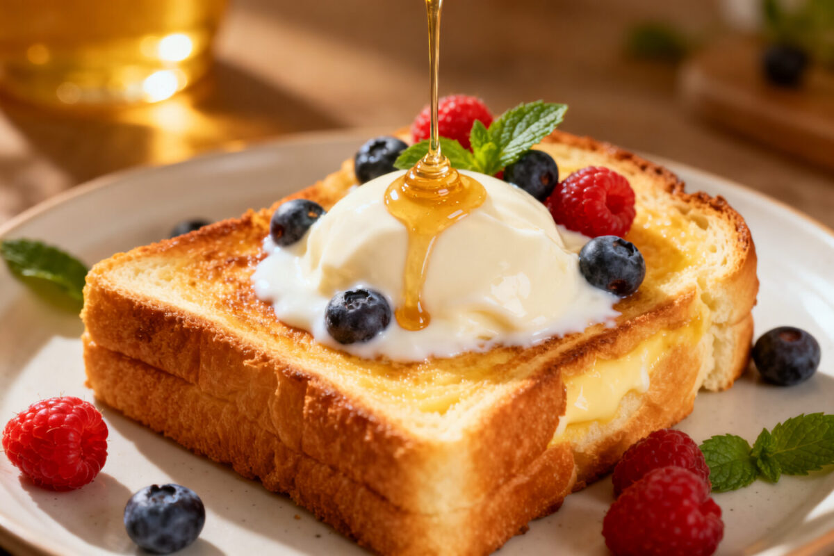 Yogurt custard toast in the air fryer with creamy baked yogurt custard, thick golden toast, fresh blueberries and raspberries, and a drizzle of honey, served as a simple sweet breakfast.