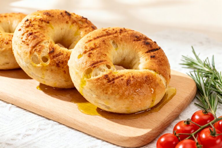 High protein air fryer bagels with a chewy golden crust, protein packed dough, and a lightly seasoned topping, served on a wooden board as a satisfying breakfast or snack.