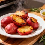 Red potatoes cooked in the air fryer with crispy golden cut sides, fluffy tender centers, fresh rosemary, and olive oil, served as a simple and flavorful side dish.