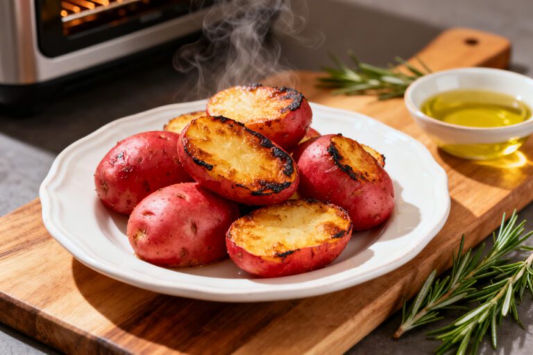 Red potatoes cooked in the air fryer with crispy golden cut sides, fluffy tender centers, fresh rosemary, and olive oil, served as a simple and flavorful side dish.
