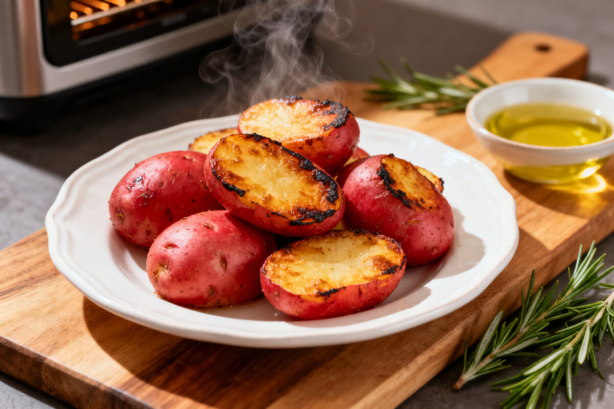 Red potatoes cooked in the air fryer with crispy golden cut sides, fluffy tender centers, fresh rosemary, and olive oil, served as a simple and flavorful side dish.