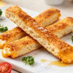 Air fryer cheese bread sticks with a crispy golden crust, melted cheese filling, flaky sea salt, and buttery flavor, served as a cheesy appetizer or snack.