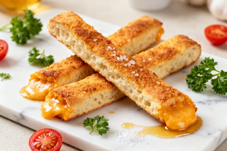 Air fryer cheese bread sticks with a crispy golden crust, melted cheese filling, flaky sea salt, and buttery flavor, served as a cheesy appetizer or snack.