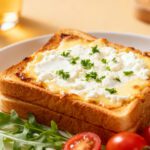 High protein cottage cheese toast in the air fryer with crispy golden bread, creamy cottage cheese topping, and fresh herbs, served as a satisfying protein packed breakfast or snack.