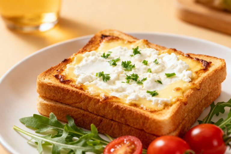 High protein cottage cheese toast in the air fryer with crispy golden bread, creamy cottage cheese topping, and fresh herbs, served as a satisfying protein packed breakfast or snack.