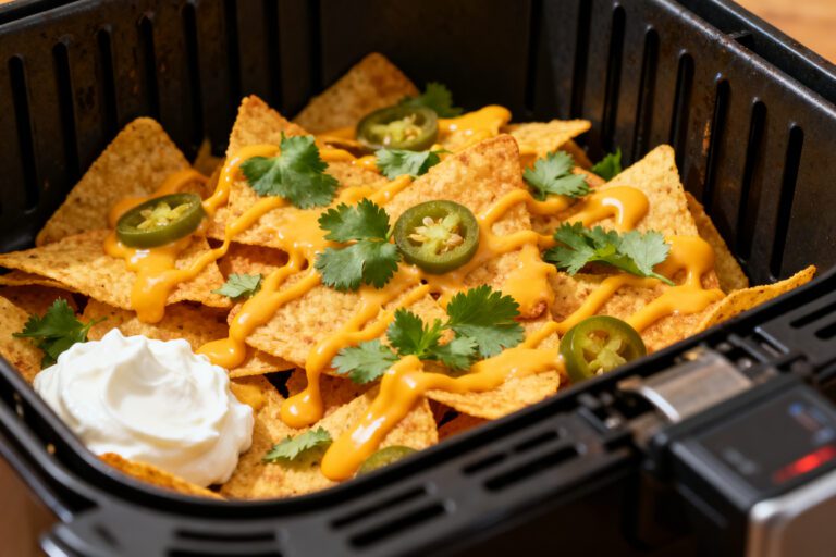 Cheese nachos in the air fryer with crispy tortilla chips, melted cheese sauce, sliced jalapeños, fresh cilantro, and sour cream, served inside an air fryer basket as a quick appetizer.