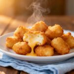 Gluten free cheese curds in the air fryer with a crispy golden coating and gooey melted cheese center, served hot on a plate as an easy appetizer or snack.