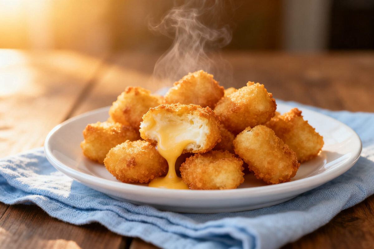 Gluten free cheese curds in the air fryer with a crispy golden coating and gooey melted cheese center, served hot on a plate as an easy appetizer or snack.