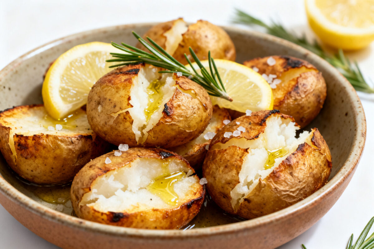 Air fryer Dutch potatoes with crispy golden skins, fluffy cracked centers, flaky sea salt, fresh rosemary, lemon slices, and a drizzle of olive oil, served as a comforting side dish.