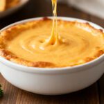 Air fryer cheese dip with a creamy melted cheese texture, golden bubbly top, and stretchy cheese pull, served warm in a baking dish as an easy appetizer or party snack.
