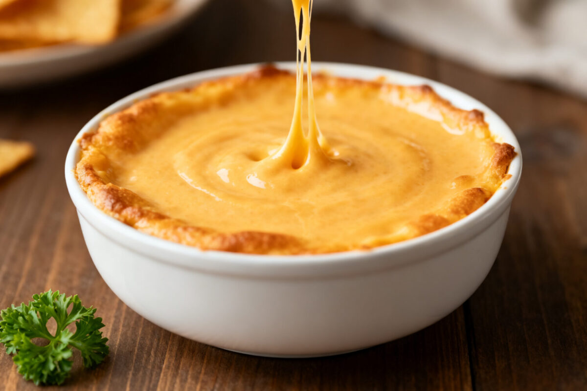 Air fryer cheese dip with a creamy melted cheese texture, golden bubbly top, and stretchy cheese pull, served warm in a baking dish as an easy appetizer or party snack.