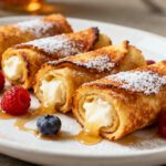 Air fryer French toast roll ups with crispy golden bread, creamy sweet filling, powdered sugar, fresh berries, and maple syrup, served as a fun breakfast or dessert treat.