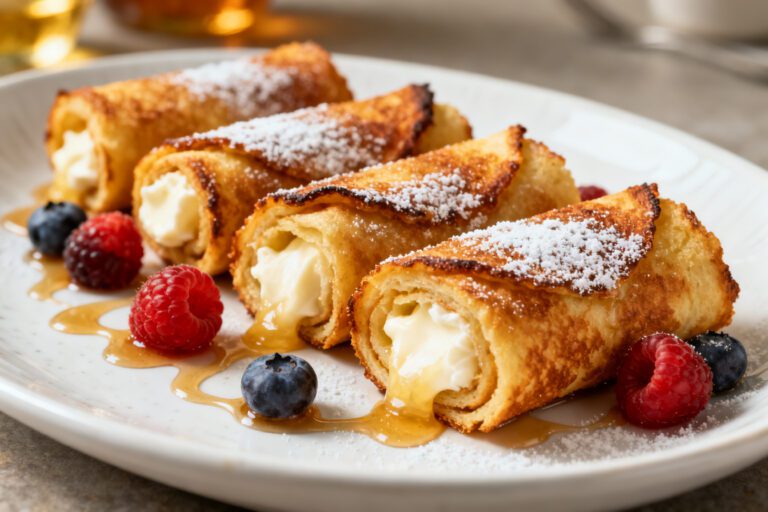 Air fryer French toast roll ups with crispy golden bread, creamy sweet filling, powdered sugar, fresh berries, and maple syrup, served as a fun breakfast or dessert treat.