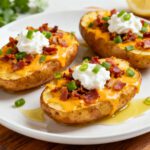 Loaded potatoes in the air fryer with crispy baked potato halves topped with melted cheddar cheese, crispy bacon, sour cream, and green onions, served as a hearty appetizer or side dish.