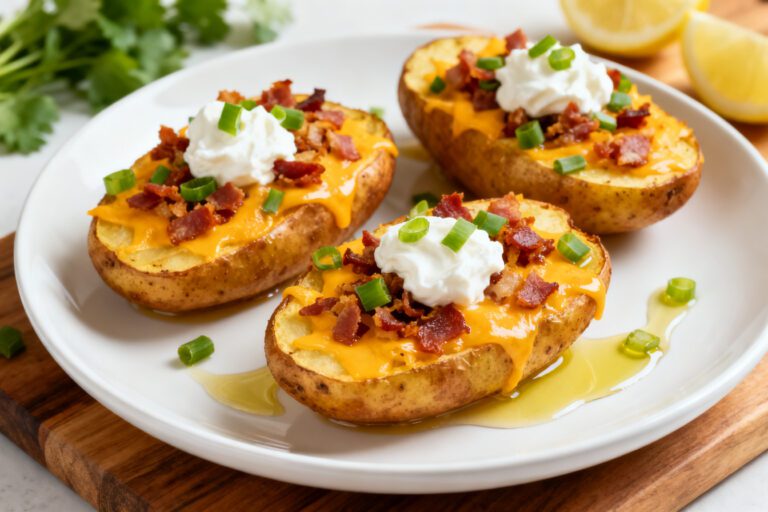 Loaded potatoes in the air fryer with crispy baked potato halves topped with melted cheddar cheese, crispy bacon, sour cream, and green onions, served as a hearty appetizer or side dish.