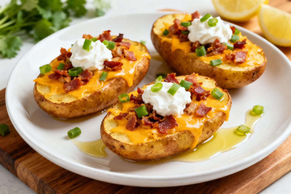 Loaded potatoes in the air fryer with crispy baked potato halves topped with melted cheddar cheese, crispy bacon, sour cream, and green onions, served as a hearty appetizer or side dish.