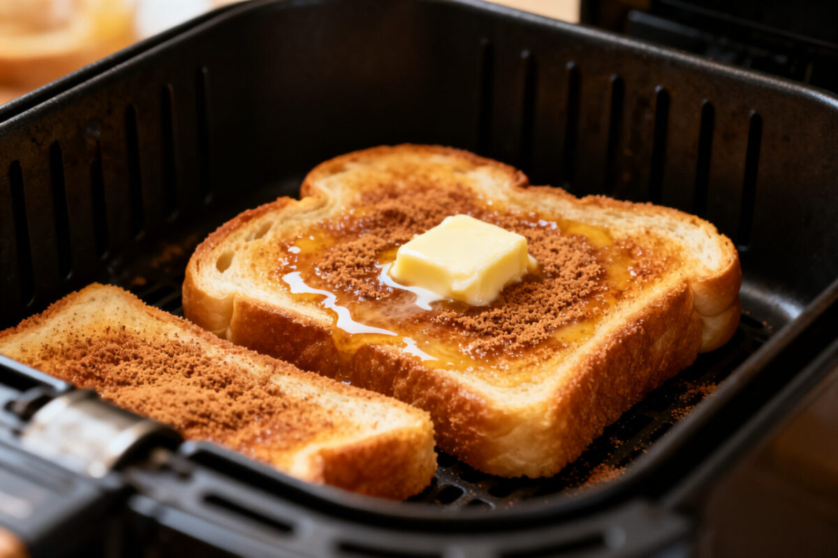 Cinnamon sugar toast in the air fryer with golden buttery bread, a sweet cinnamon sugar topping, melted butter, and crisp toasted edges, cooked inside an air fryer basket.