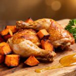 Air fryer chicken and sweet potatoes with juicy roasted chicken drumsticks, caramelized sweet potato cubes, and a golden seasoned glaze, served as a simple and satisfying weeknight meal.