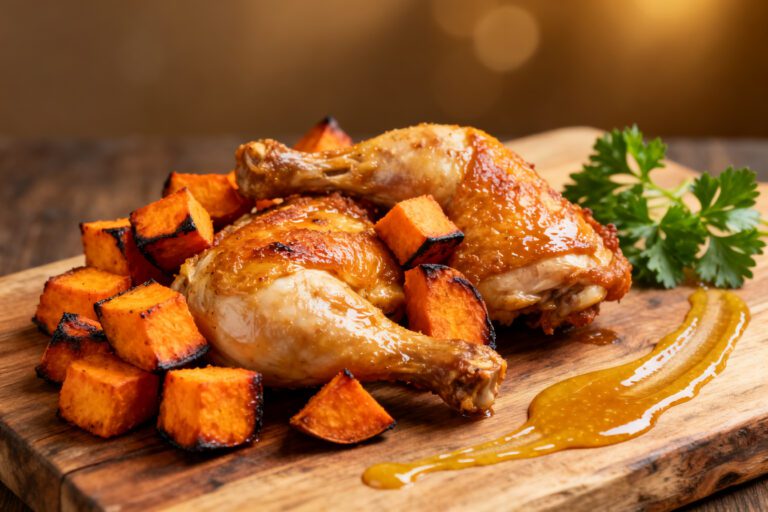 Air fryer chicken and sweet potatoes with juicy roasted chicken drumsticks, caramelized sweet potato cubes, and a golden seasoned glaze, served as a simple and satisfying weeknight meal.