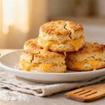 Air fryer cheese biscuits with flaky buttery layers, melted cheddar cheese filling, golden crispy tops, and a tender interior, served warm as a comforting snack or side dish.