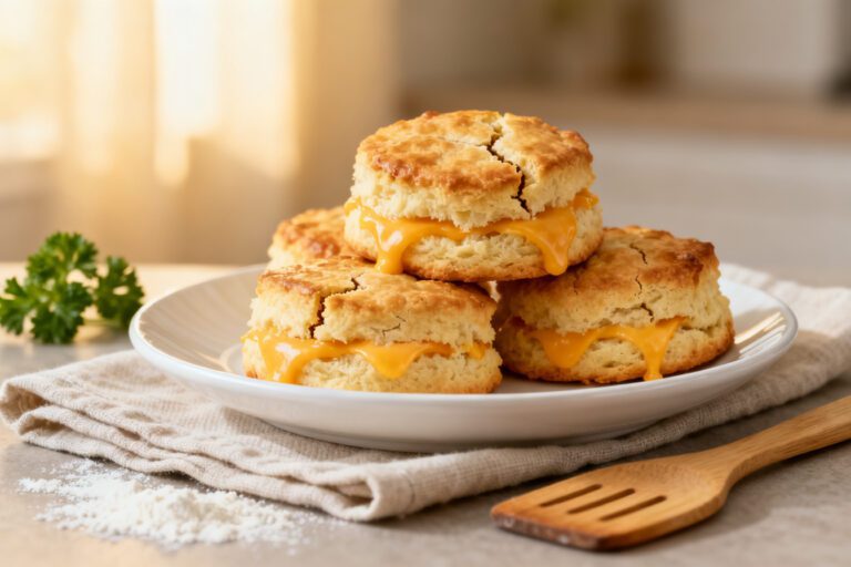 Air fryer cheese biscuits with flaky buttery layers, melted cheddar cheese filling, golden crispy tops, and a tender interior, served warm as a comforting snack or side dish.