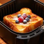 Hawaiian roll French toast made in the air fryer with fluffy golden bread, sweet maple syrup glaze, fresh blueberries, powdered sugar, and pineapple garnish, served inside an air fryer basket.