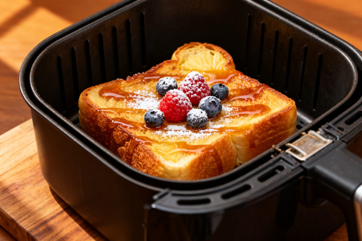 Hawaiian roll French toast made in the air fryer with fluffy golden bread, sweet maple syrup glaze, fresh blueberries, powdered sugar, and pineapple garnish, served inside an air fryer basket.
