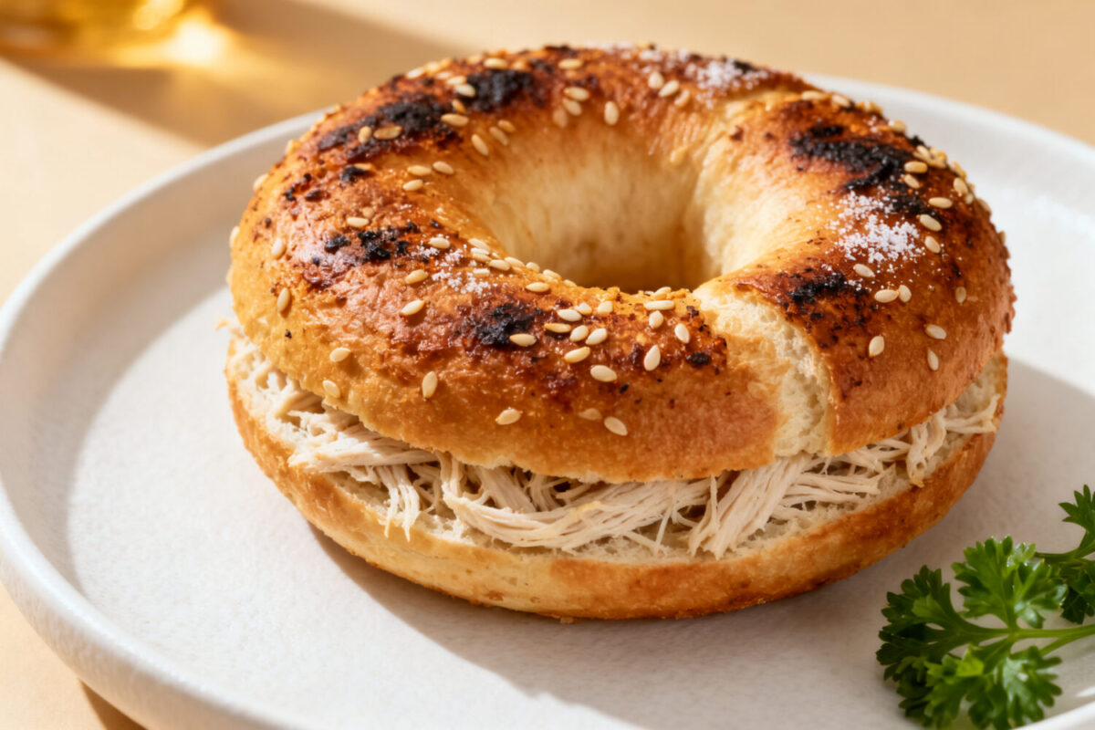 High protein Greek yogurt bagel made in the air fryer with a chewy golden crust, toasted sesame seed topping, and protein packed texture, served as a satisfying breakfast or snack.