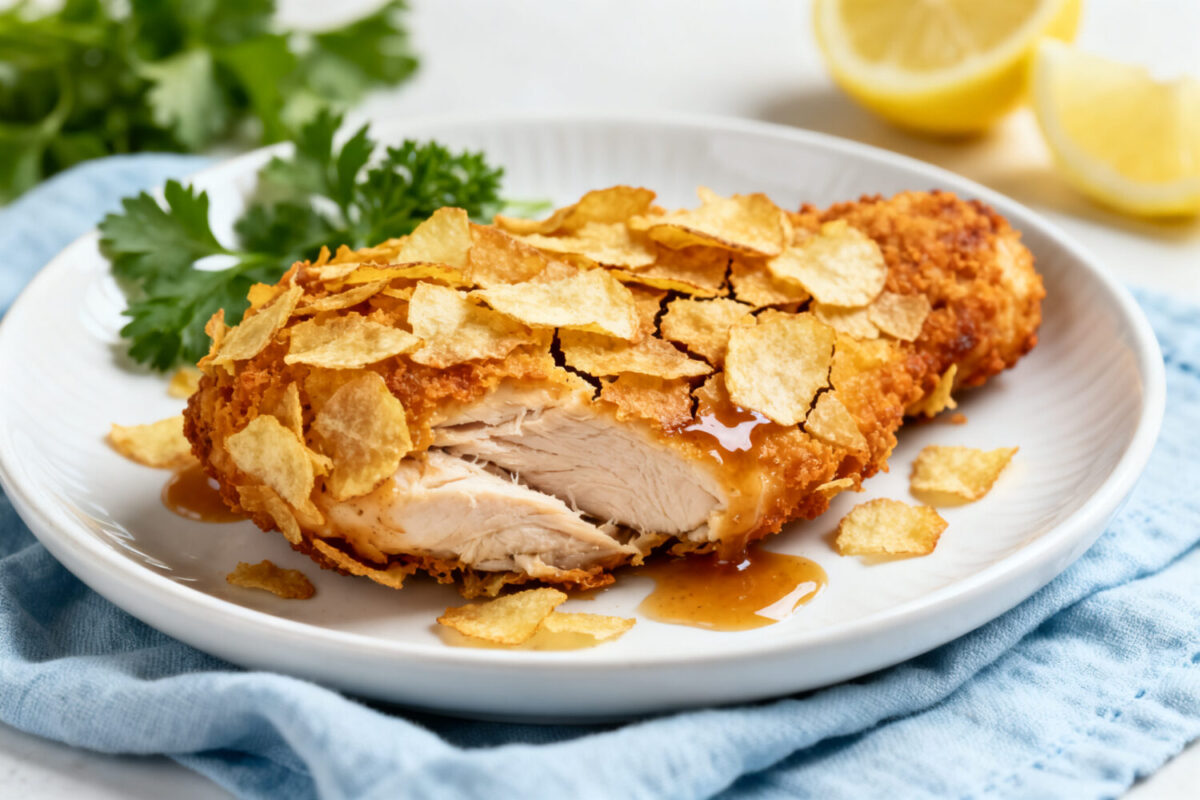 Air fryer potato chip chicken with a crispy crunchy potato chip coating, juicy tender chicken breast, and golden baked exterior, served as an easy and flavorful weeknight dinner.