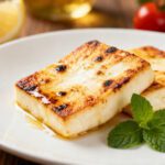 Halloumi cheese cooked in the air fryer with a crispy golden exterior, tender chewy center, light grill marks, and fresh mint garnish, served as a simple appetizer or side dish.